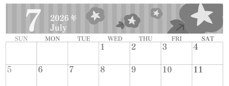 2026年7月横型モノクロの日曜始まり 朝顔イラストのおしゃれA4無料白黒カレンダー(2026-00410700)