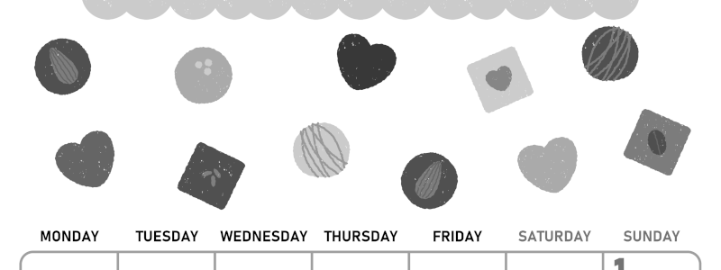 2026年2月縦型モノクロの月曜始まり チョコのイラストがかわいいA4無料白黒カレンダー(2026-00420211)