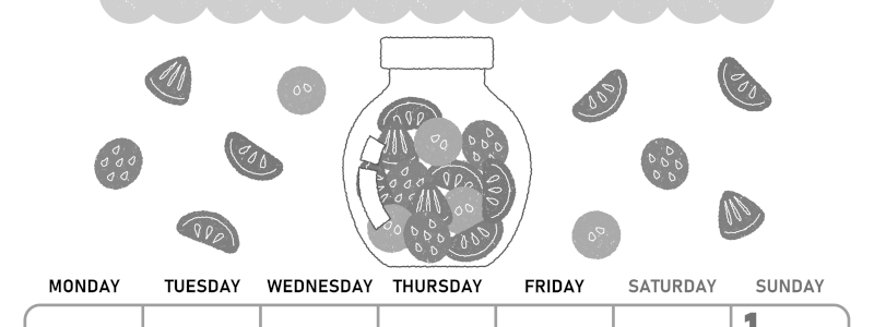 2026年3月縦型モノクロの月曜始まり 果物イラストのかわいいA4無料白黒カレンダー(2026-00420311)