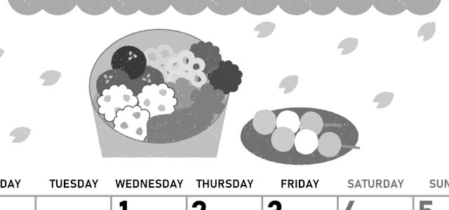 2026年4月縦型モノクロの月曜始まり お花見イラストのかわいいA4無料白黒カレンダー(2026-00420411)
