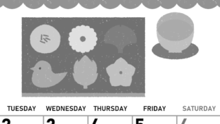 2026年6月縦型モノクロの月曜始まり 和菓子イラストのかわいいA4無料白黒カレンダー(2026-00420611)