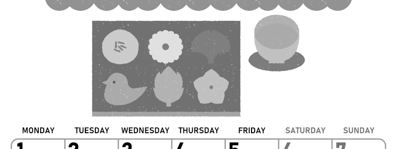 2026年6月縦型モノクロの月曜始まり 和菓子イラストのかわいいA4無料白黒カレンダー(2026-00420611)