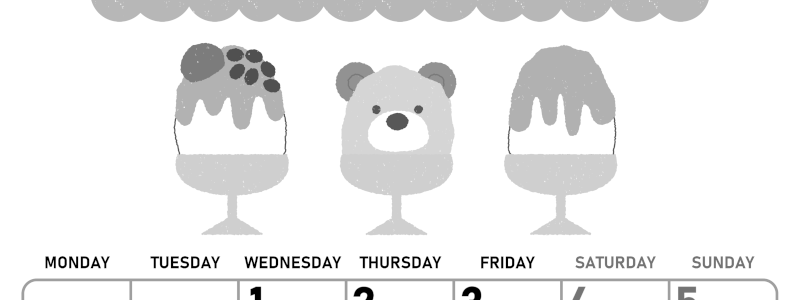 2026年7月縦型モノクロの月曜始まり かき氷イラストのかわいいA4無料白黒カレンダー(2026-00420711)