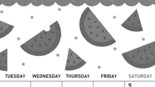 2026年8月縦型モノクロの月曜始まり 季節の果物イラストのかわいいA4無料白黒カレンダー(2026-00420811)