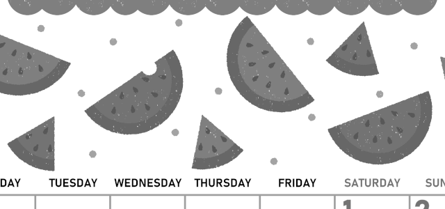 2026年8月縦型モノクロの月曜始まり 季節の果物イラストのかわいいA4無料白黒カレンダー(2026-00420811)