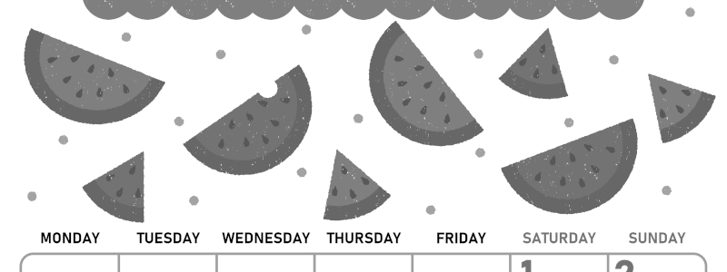 2026年8月縦型モノクロの月曜始まり 季節の果物イラストのかわいいA4無料白黒カレンダー(2026-00420811)