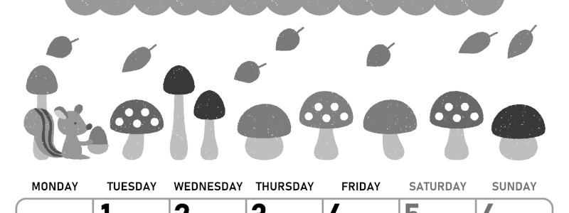 2026年9月縦型モノクロの月曜始まり 秋の季節イラストがかわいいA4無料白黒カレンダー(2026-00420911)