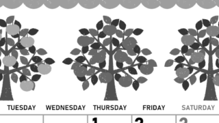 2026年10月縦型モノクロの月曜始まり リンゴの木イラストのかわいいA4無料白黒カレンダー(2026-00421011)