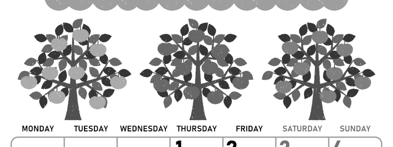 2026年10月縦型モノクロの月曜始まり リンゴの木イラストのかわいいA4無料白黒カレンダー(2026-00421011)