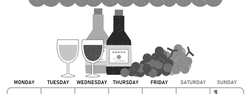 2026年11月縦型モノクロの月曜始まり ぶどうイラストのかわいいA4無料白黒カレンダー(2026-00421111)