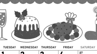 2026年12月縦型モノクロの月曜始まり 御馳走イラストのかわいいA4無料白黒カレンダー(2026-00421211)