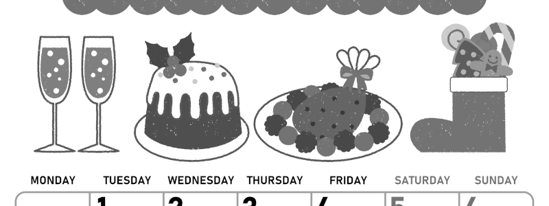 2026年12月縦型モノクロの月曜始まり 御馳走イラストのかわいいA4無料白黒カレンダー(2026-00421211)