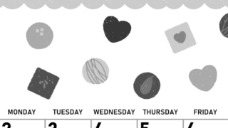 2026年2月縦型モノクロの日曜始まり チョコのイラストがかわいいA4無料白黒カレンダー(2026-00420210)