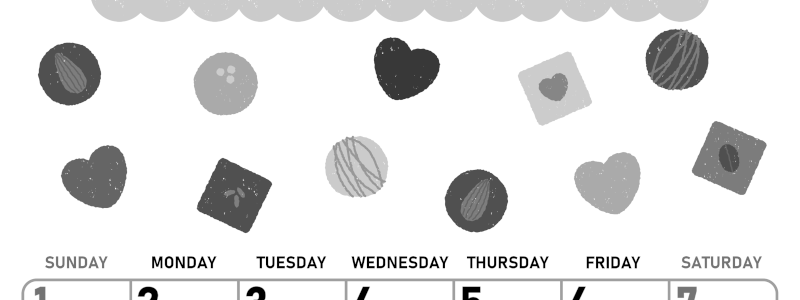 2026年2月縦型モノクロの日曜始まり チョコのイラストがかわいいA4無料白黒カレンダー(2026-00420210)