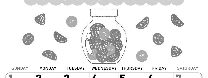2026年3月縦型モノクロの日曜始まり 果物イラストのかわいいA4無料白黒カレンダー(2026-00420310)