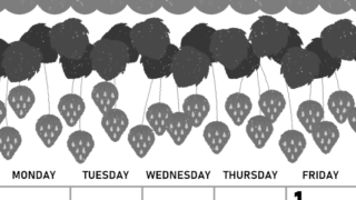 2026年5月縦型モノクロの日曜始まり いちごイラストのかわいいA4無料白黒カレンダー(2026-00420510)