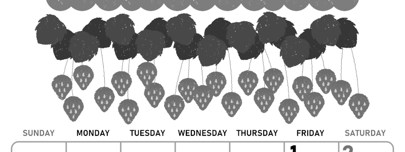 2026年5月縦型モノクロの日曜始まり いちごイラストのかわいいA4無料白黒カレンダー(2026-00420510)