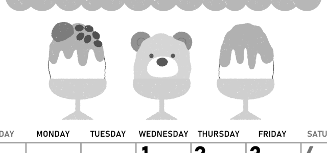 2026年7月縦型モノクロの日曜始まり かき氷イラストのかわいいA4無料白黒カレンダー(2026-00420710)