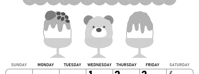 2026年7月縦型モノクロの日曜始まり かき氷イラストのかわいいA4無料白黒カレンダー(2026-00420710)