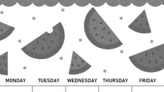 2026年8月縦型モノクロの日曜始まり 季節の果物イラストのかわいいA4無料白黒カレンダー(2026-00420810)