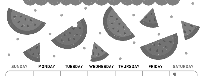 2026年8月縦型モノクロの日曜始まり 季節の果物イラストのかわいいA4無料白黒カレンダー(2026-00420810)