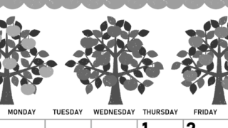 2026年10月縦型モノクロの日曜始まり リンゴの木イラストのかわいいA4無料白黒カレンダー(2026-00421010)