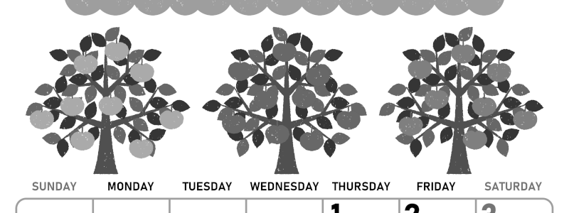 2026年10月縦型モノクロの日曜始まり リンゴの木イラストのかわいいA4無料白黒カレンダー(2026-00421010)