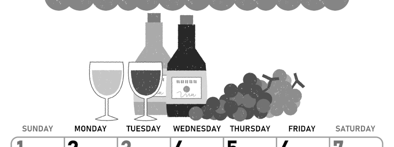 2026年11月縦型モノクロの日曜始まり ぶどうイラストのかわいいA4無料白黒カレンダー(2026-00421110)