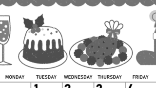 2026年12月縦型モノクロの日曜始まり 御馳走イラストのかわいいA4無料白黒カレンダー(2026-00421210)