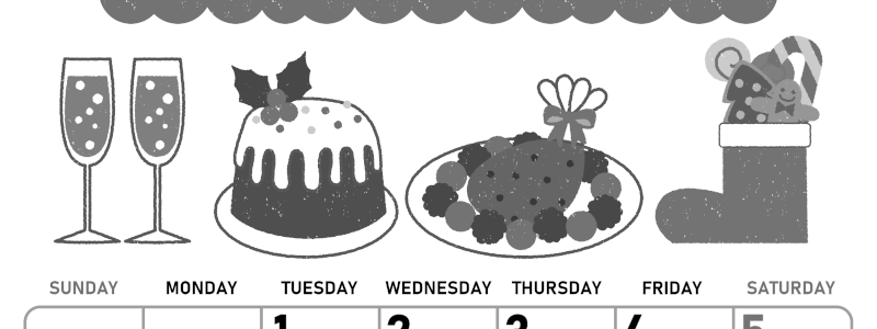 2026年12月縦型モノクロの日曜始まり 御馳走イラストのかわいいA4無料白黒カレンダー(2026-00421210)