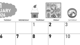 2026年1月横型モノクロの月曜始まり ポップなお節イラストのかわいいA4無料白黒カレンダー(2026-00420101)