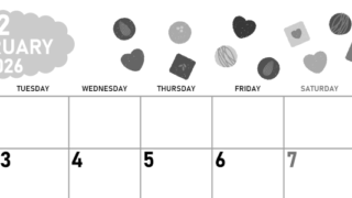 2026年2月横型モノクロの月曜始まり チョコのイラストがかわいいA4無料白黒カレンダー(2026-00420201)