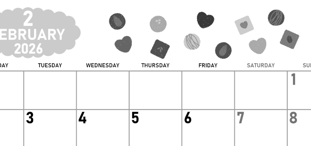 2026年2月横型モノクロの月曜始まり チョコのイラストがかわいいA4無料白黒カレンダー(2026-00420201)