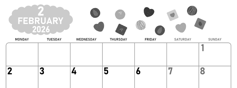 2026年2月横型モノクロの月曜始まり チョコのイラストがかわいいA4無料白黒カレンダー(2026-00420201)
