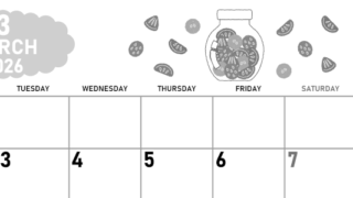 2026年3月横型モノクロの月曜始まり 果物イラストのかわいいA4無料白黒カレンダー(2026-00420301)