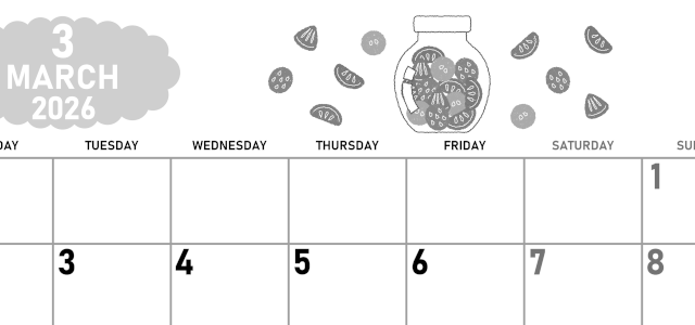 2026年3月横型モノクロの月曜始まり 果物イラストのかわいいA4無料白黒カレンダー(2026-00420301)