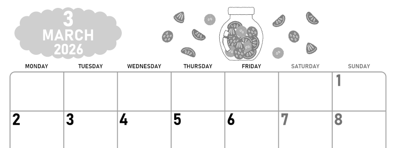 2026年3月横型モノクロの月曜始まり 果物イラストのかわいいA4無料白黒カレンダー(2026-00420301)