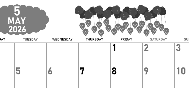 2026年5月横型モノクロの月曜始まり いちごイラストのかわいいA4無料白黒カレンダー(2026-00420501)