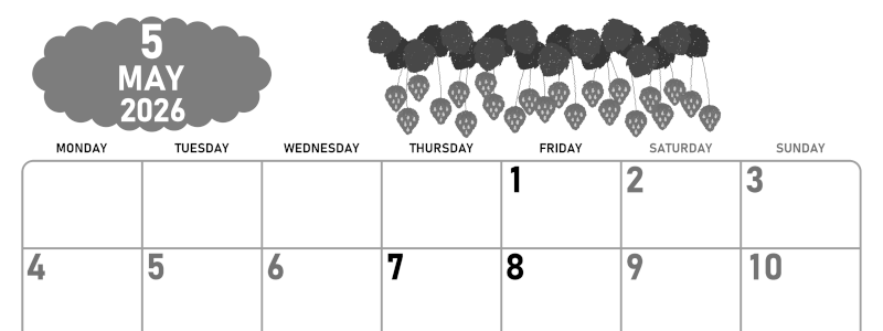 2026年5月横型モノクロの月曜始まり いちごイラストのかわいいA4無料白黒カレンダー(2026-00420501)