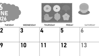 2026年6月横型モノクロの月曜始まり 和菓子イラストのかわいいA4無料白黒カレンダー(2026-00420601)