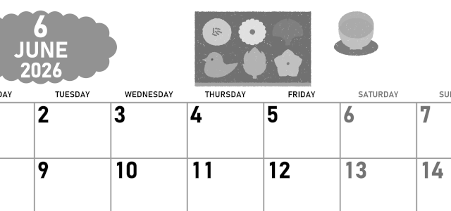 2026年6月横型モノクロの月曜始まり 和菓子イラストのかわいいA4無料白黒カレンダー(2026-00420601)