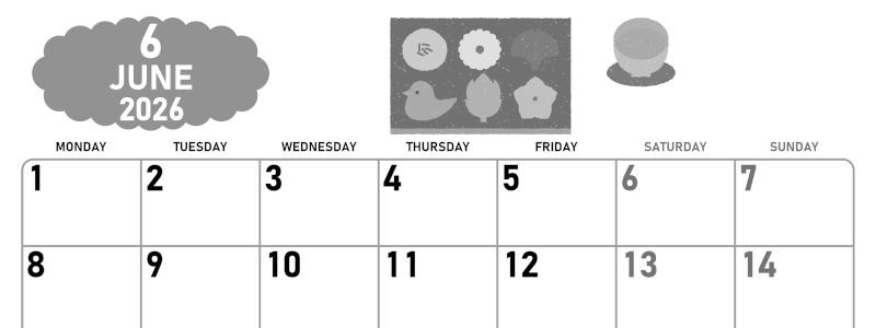 2026年6月横型モノクロの月曜始まり 和菓子イラストのかわいいA4無料白黒カレンダー(2026-00420601)