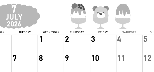 2026年7月横型モノクロの月曜始まり かき氷イラストのかわいいA4無料白黒カレンダー(2026-00420701)