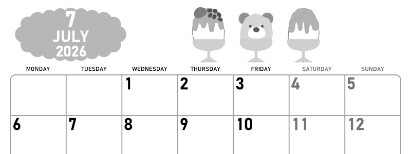 2026年7月横型モノクロの月曜始まり かき氷イラストのかわいいA4無料白黒カレンダー(2026-00420701)