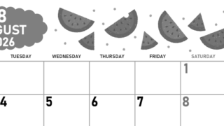 2026年8月横型モノクロの月曜始まり 季節の果物イラストのかわいいA4無料白黒カレンダー(2026-00420801)