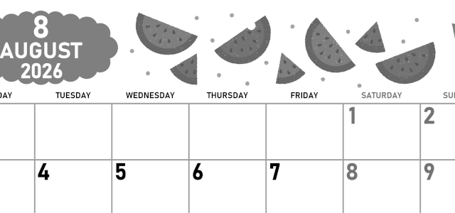 2026年8月横型モノクロの月曜始まり 季節の果物イラストのかわいいA4無料白黒カレンダー(2026-00420801)