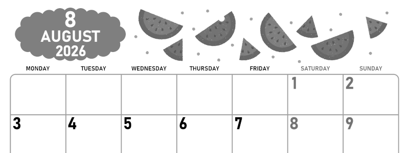 2026年8月横型モノクロの月曜始まり 季節の果物イラストのかわいいA4無料白黒カレンダー(2026-00420801)