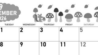 2026年9月横型モノクロの月曜始まり 秋の季節イラストがかわいいA4無料白黒カレンダー(2026-00420901)