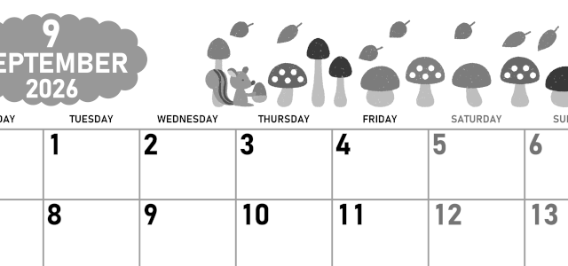 2026年9月横型モノクロの月曜始まり 秋の季節イラストがかわいいA4無料白黒カレンダー(2026-00420901)
