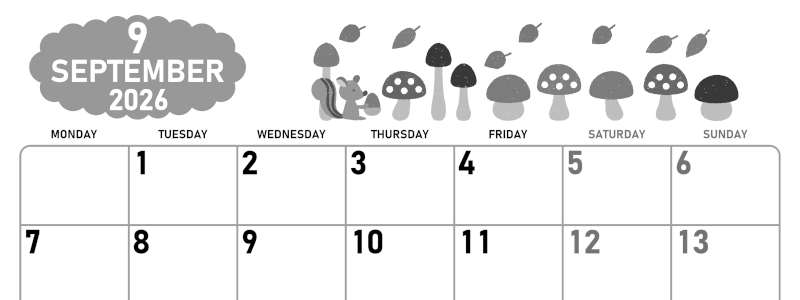 2026年9月横型モノクロの月曜始まり 秋の季節イラストがかわいいA4無料白黒カレンダー(2026-00420901)